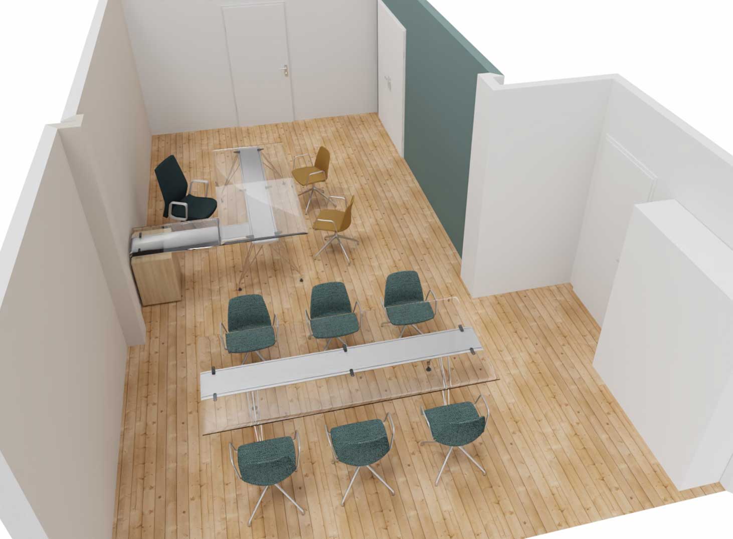 Vue aérienne 3D d’un projet d’aménagement sur-mesure pour cabinet juridique ou office notarial à Bordeaux, montrant la disposition des espaces de réunion et de travail – Dalla Santa Mobilier