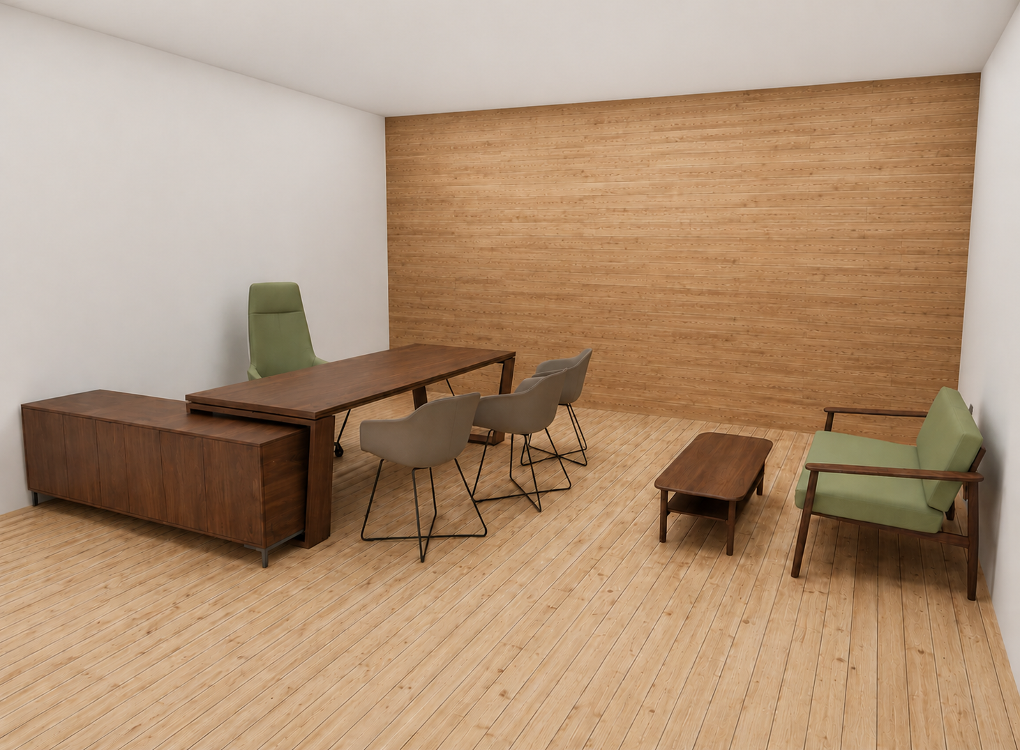 Bureau de direction moderne en bois avec espace d’accueil et fauteuils visiteurs
