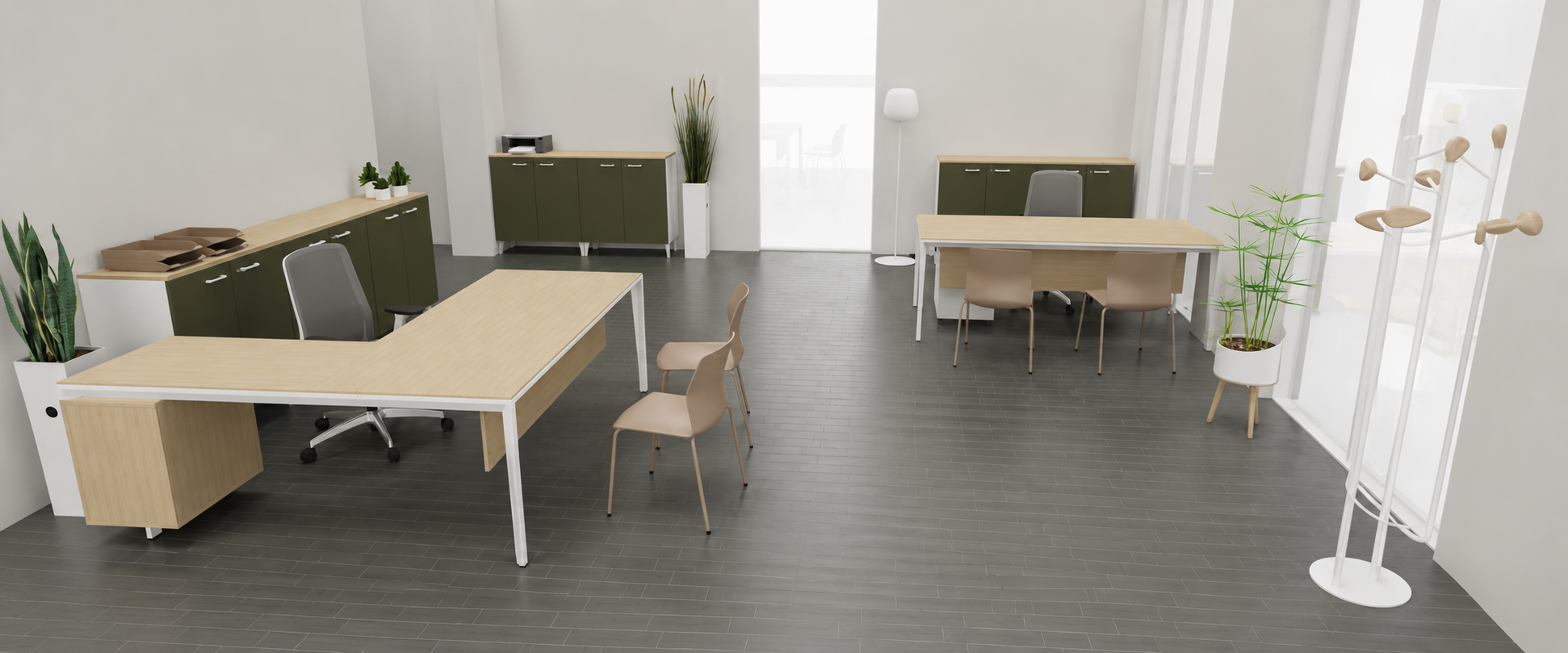 Idée d’aménagement de bureau d’entreprise moderne avec mobilier clair et décoration végétale