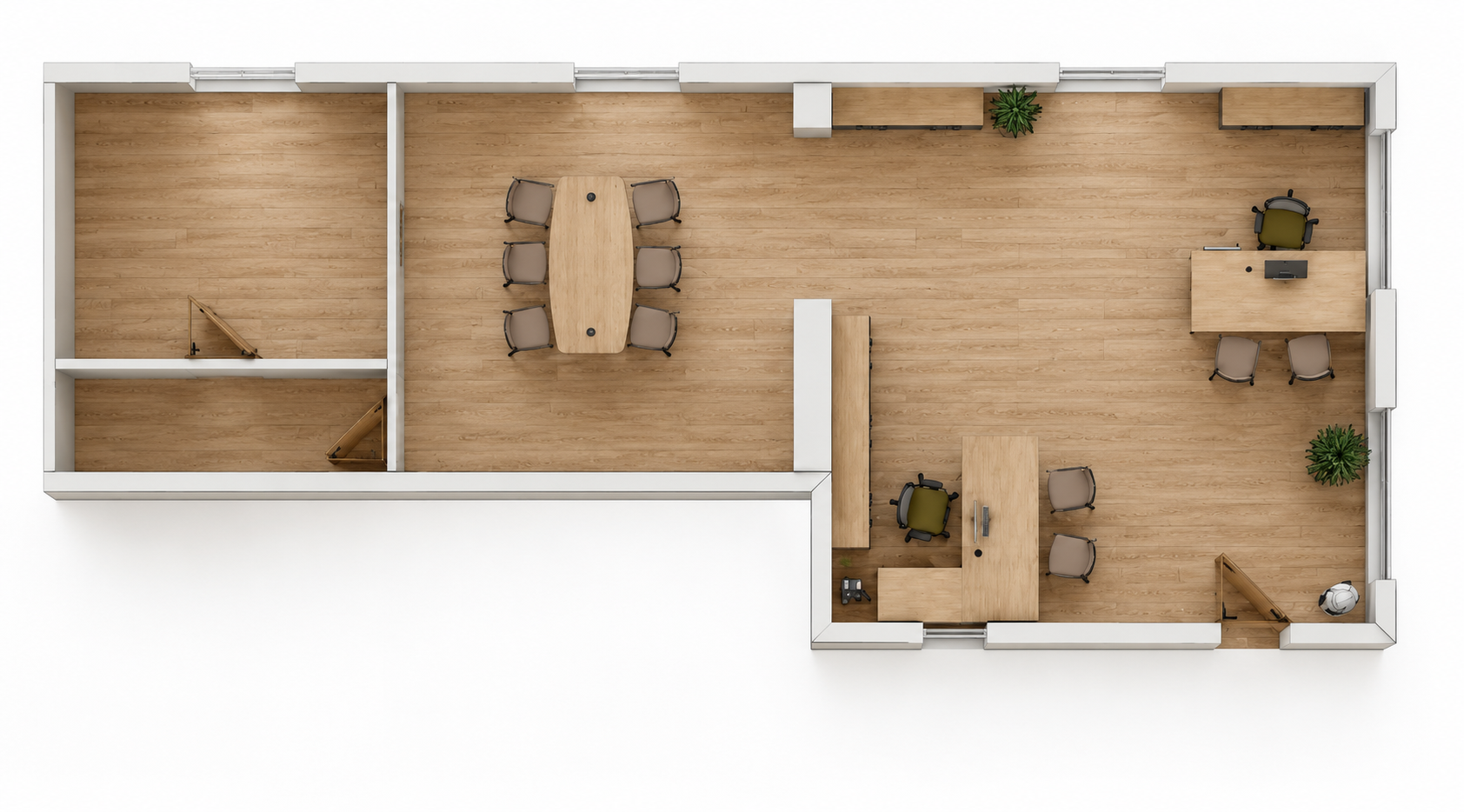 Vue aérienne d’un aménagement de bureaux en bois avec espaces de direction et coworking