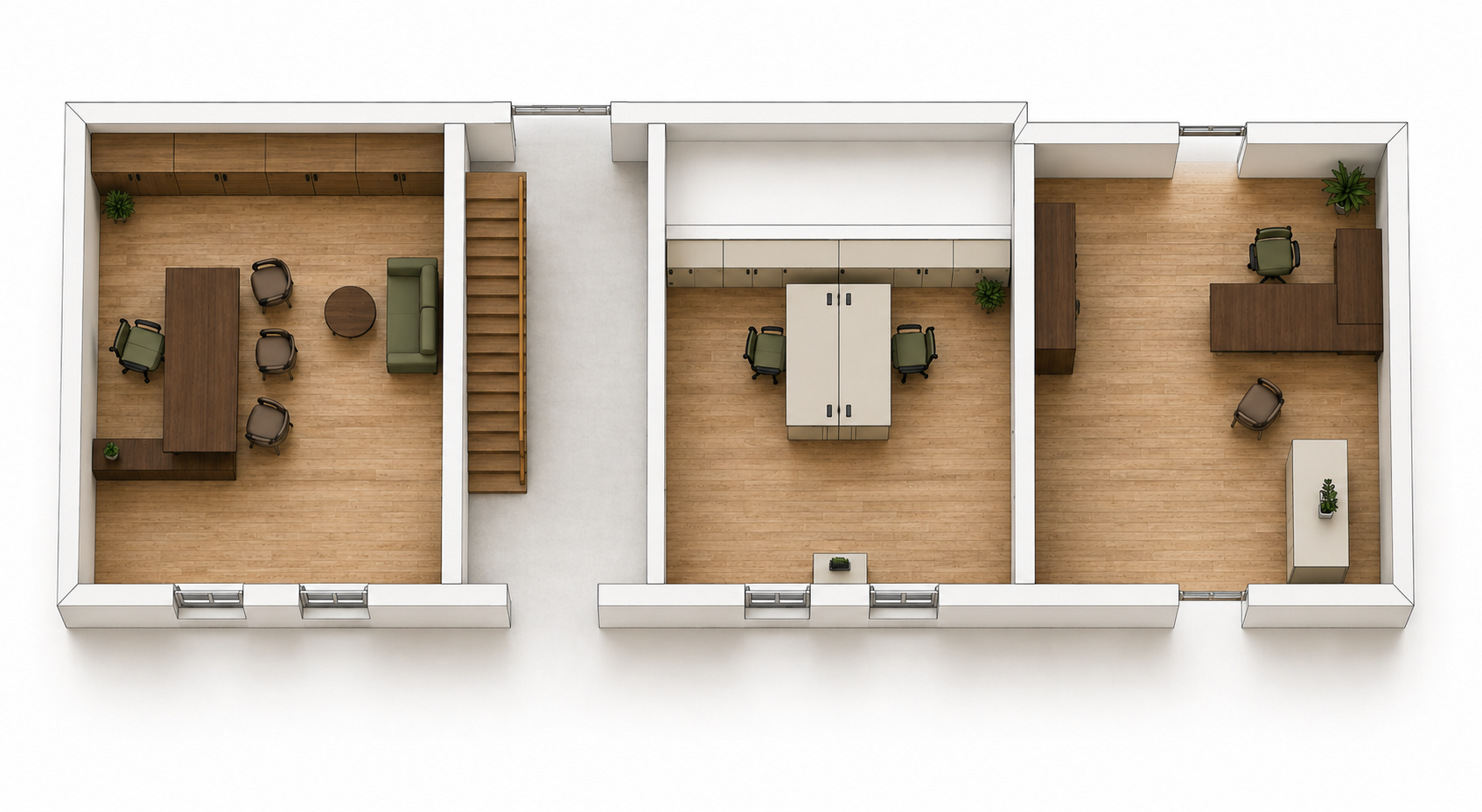 Plan 3D d’aménagement de bureaux professionnels avec salle de réunion et espaces de travail