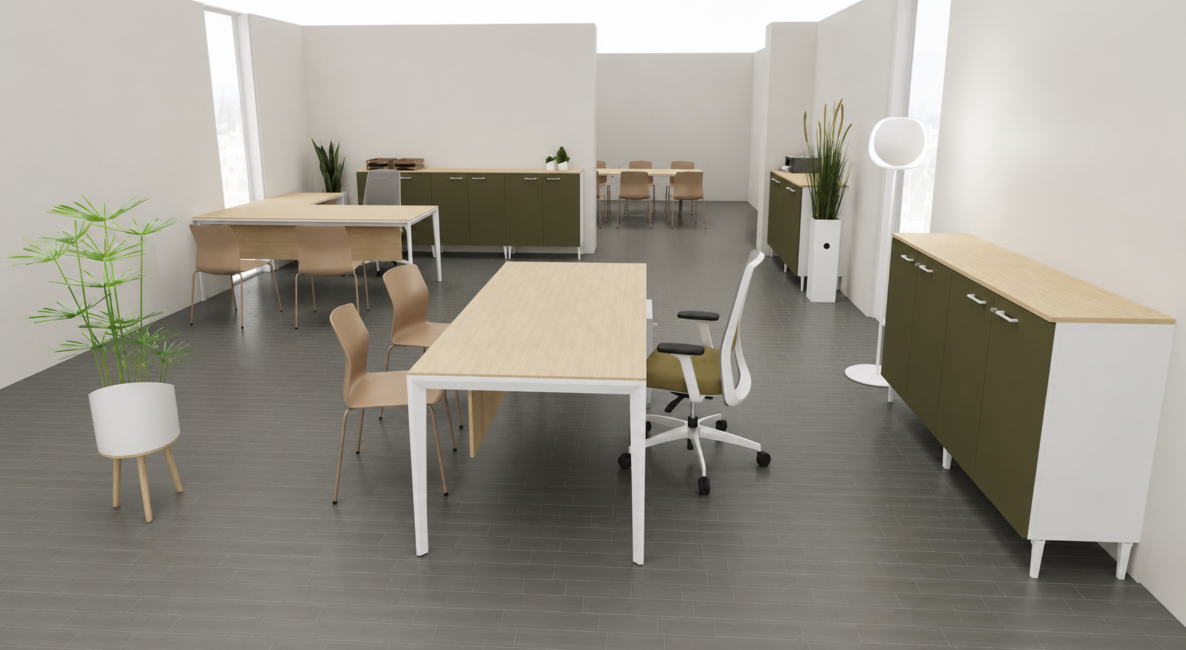 Open space professionnel avec mobilier contemporain et rangements intégrés